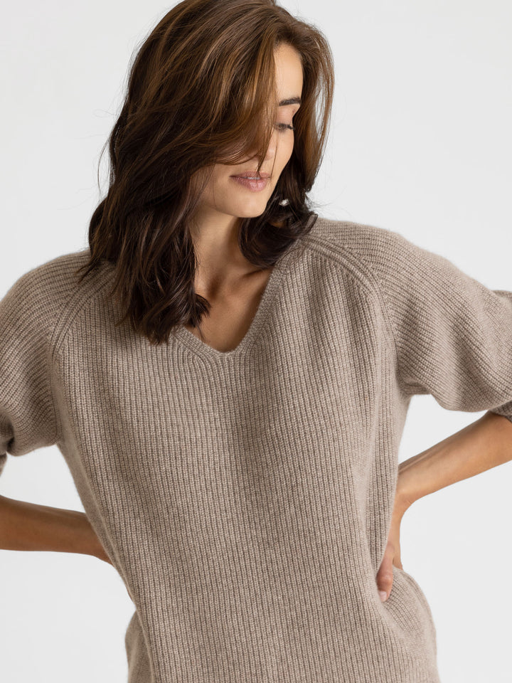 Cashmere sweater, long sleeved, rib knit, 100% pure cashmere, non itching, supersoft, warm, toast, brown