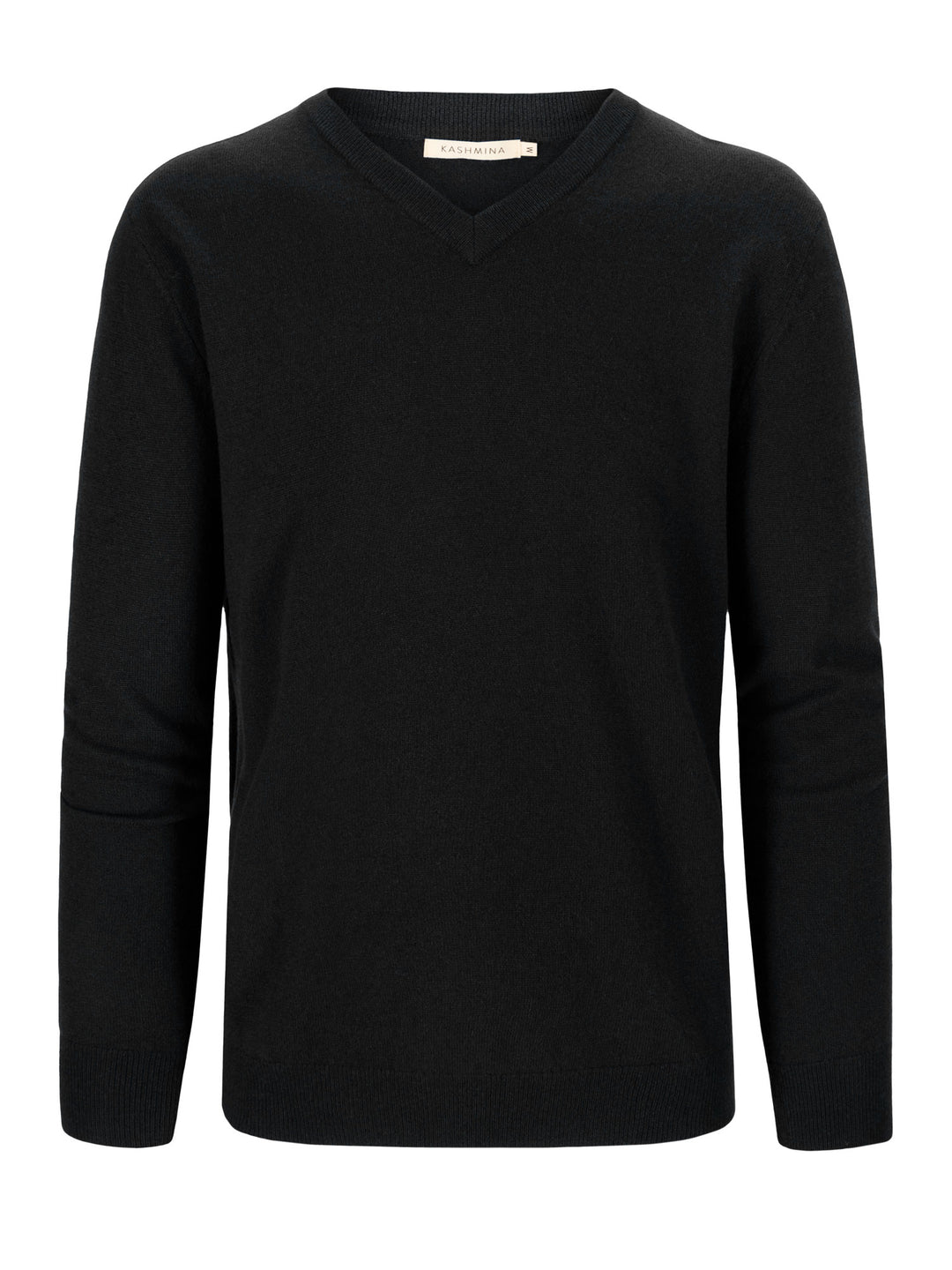 Black v-neck cashmere sweater in 100% cashmere. Scandinavian design by Kashmina.