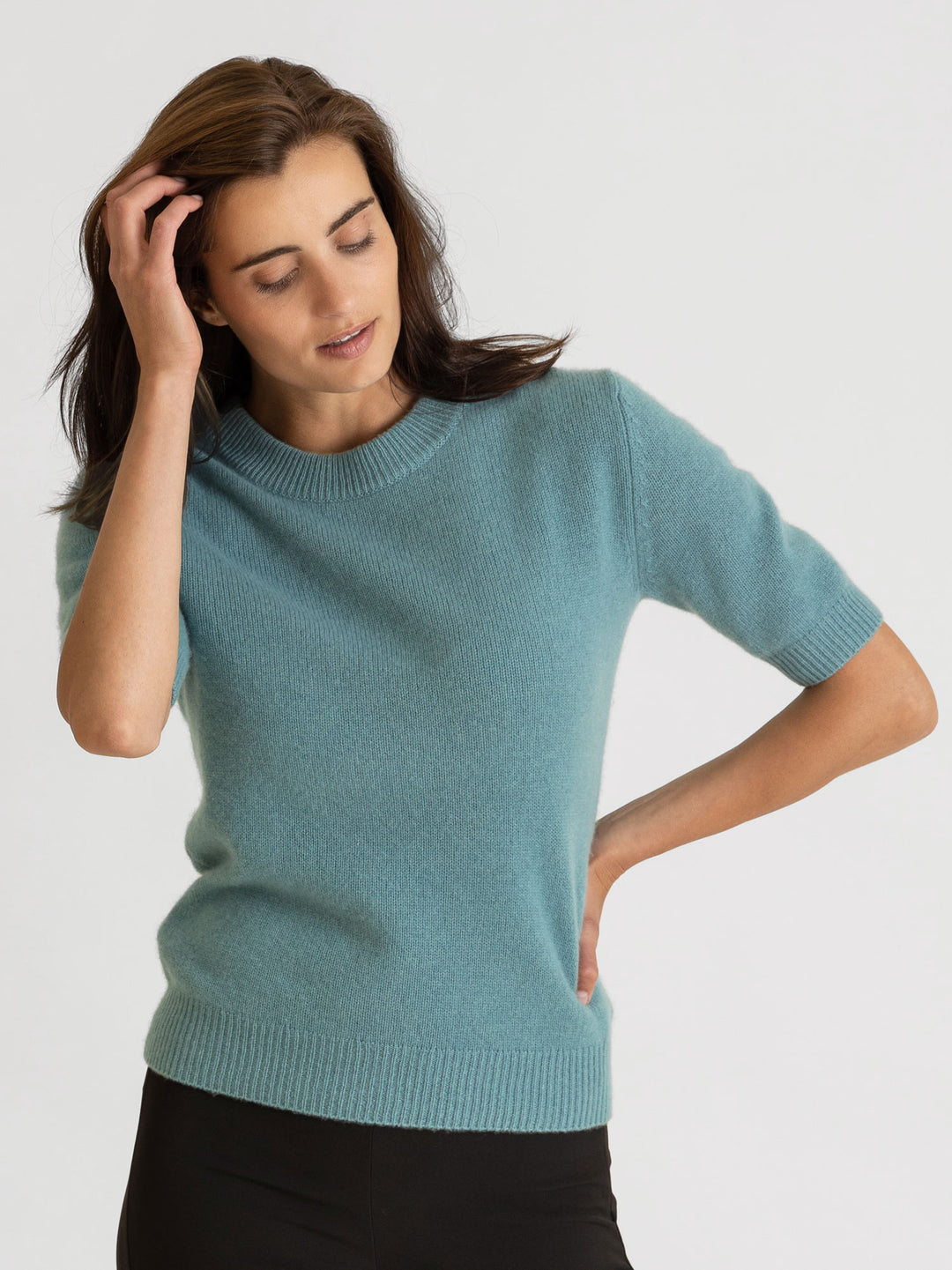 Short sleeved cashmere sweater from Kashmina 100% pure cashmere. Color, arctic blue turquoise.